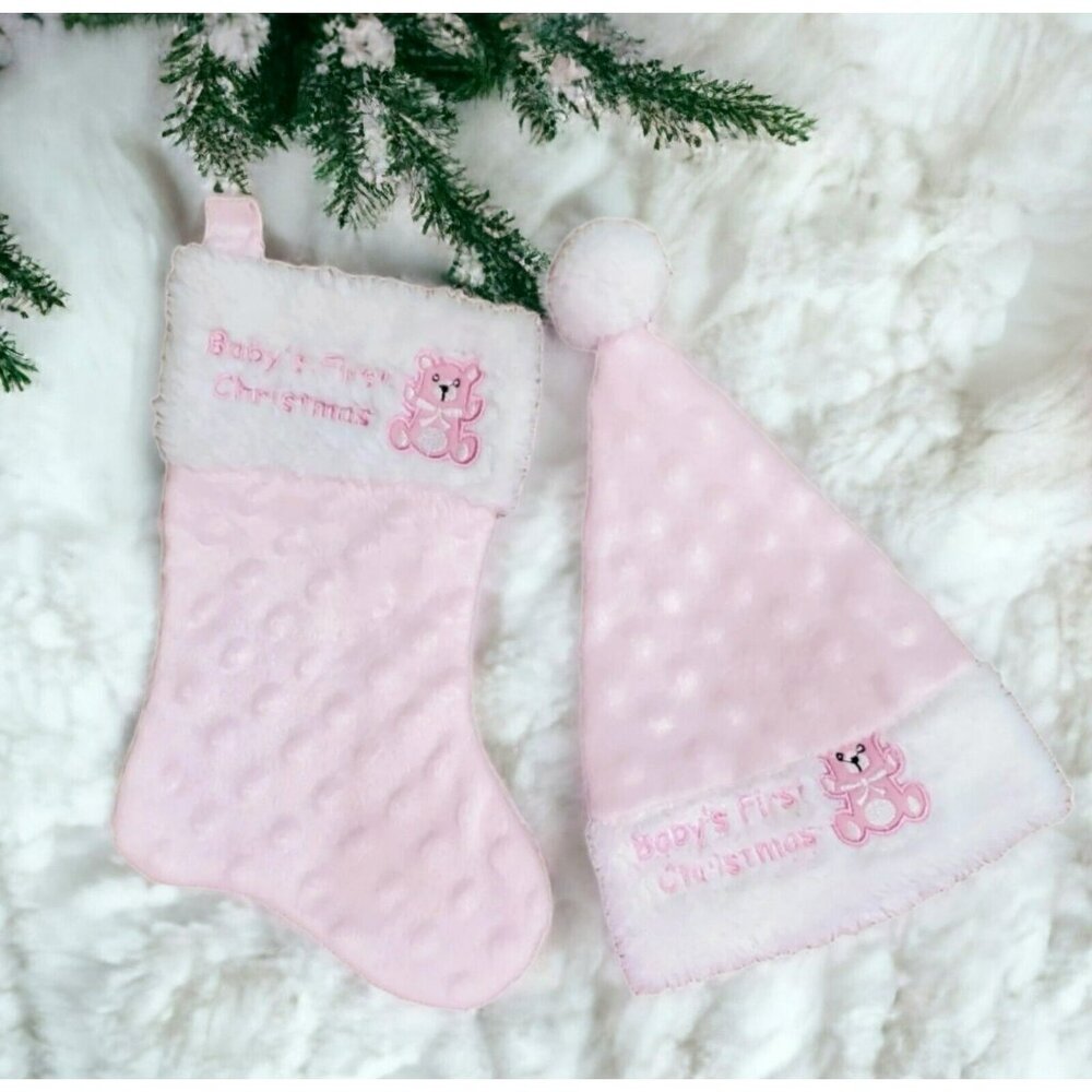 Baby's 1st Christmas Stocking & Hat Bear Pink White Plush Fur Holiday Santa Cap